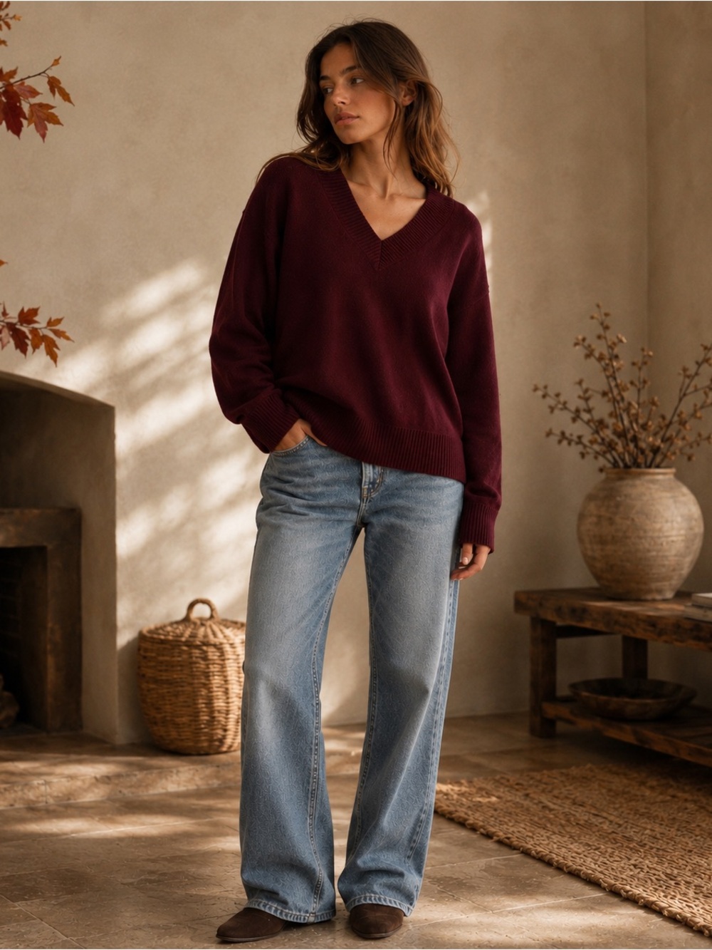 NWT CAARA Wool Vneck Pull Over Sweater Wine XS